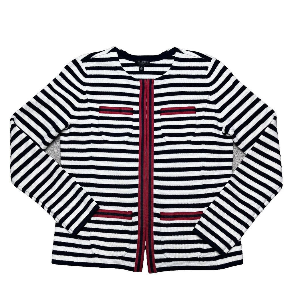 Talbots Knit Striped Lady JACKET Size P PETITE Red White Blue Blazer MRSP $169